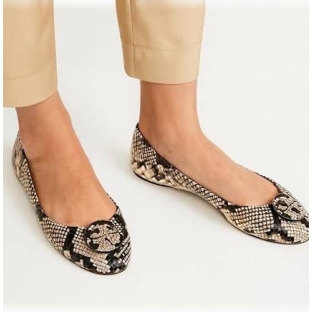 Tory Burch Snake-Print Logo Pointed-Toe Ballet Flats in Black and Cream
